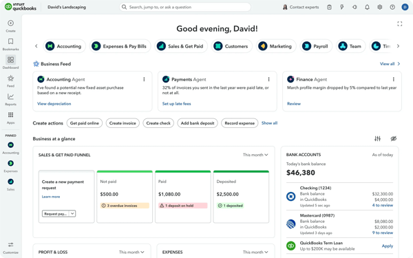 QuickBooks Online product UI dashboard