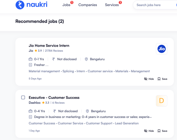 Recommended jobs on Naukri.com that are completely  mismatched with my profile 