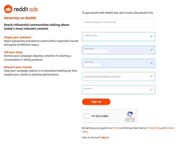 Reddit Ads Sign Up