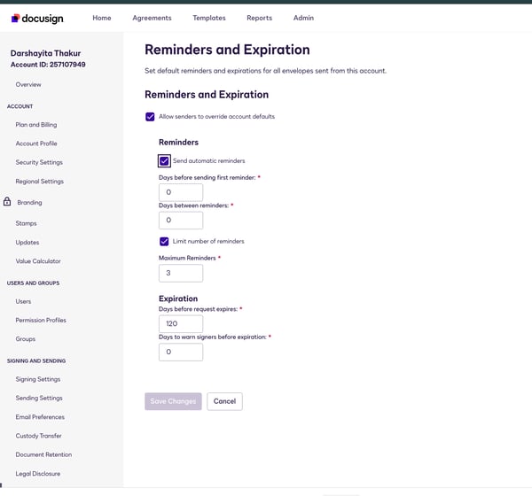 Reminders and expiration settings on Docusign