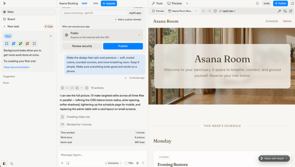 Replit's Agent work log beside the Asana Room booking app after a request for a calm, premium design