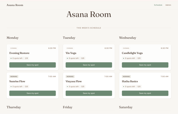 Replit's booking app with the weekly schedule at the top and every booking button reading Save my spot