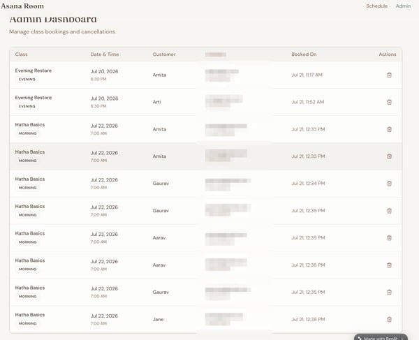 Replit's admin dashboard listing class bookings with booked-on timestamps and a delete button on each row