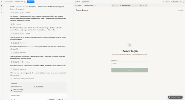 Replit's Owner login screen with a password field, beside the Agent's log of building the protected admin area
