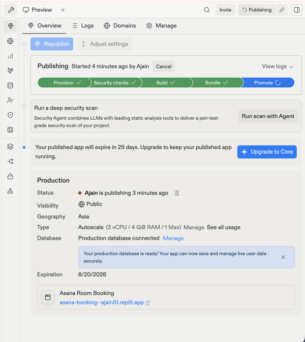  Replit's publishing panel showing deployment stages, a production database, and a free app set to expire in 29 days