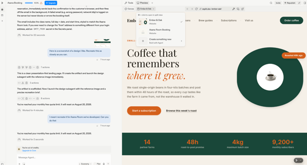 Replit's recreation of a coffee brand landing page with a serif headline, green circle badge, and dark stats band