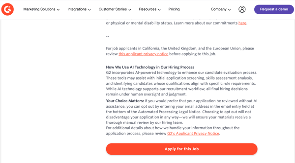Responsible use of AI in recruitment G2 example