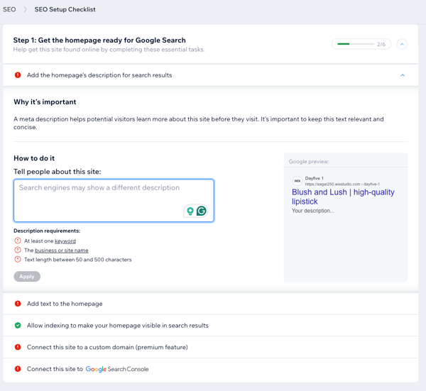 SEO checklist on Wix