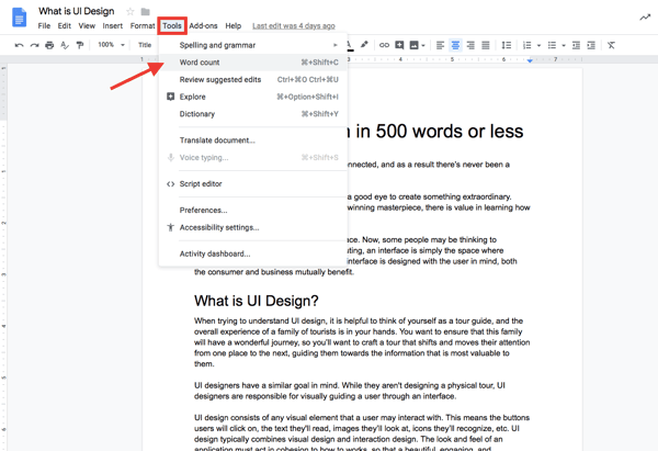 how to check word count on google docs