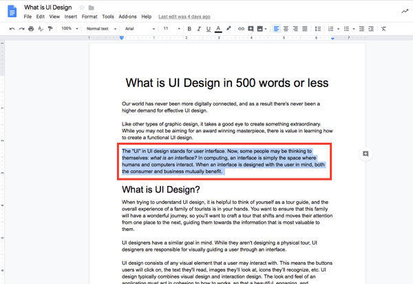 how to check word count for a specific section on google docs