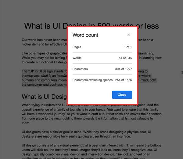 check word count for a specific section on google docs