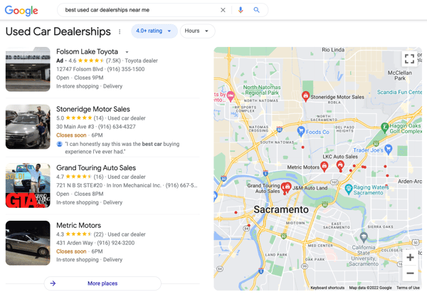 A Google search result showing local businesses