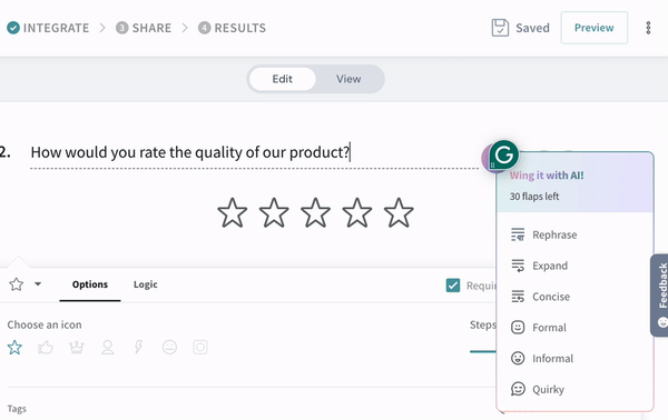 Wing it with AI! feature on SurveySparrow