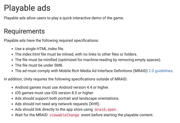 Playable ads specifications