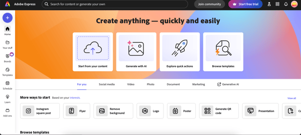 The user interface (UI) of Adobe Express