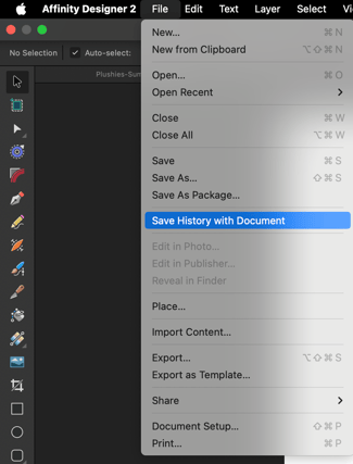 Save History with Document option on Affinity Designer