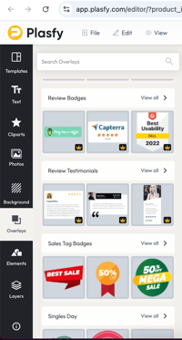 Overlays on Plasfy for badges, web buttons, review testimonials