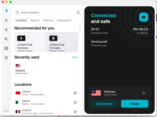 The user interface of Surfshark MacOS app