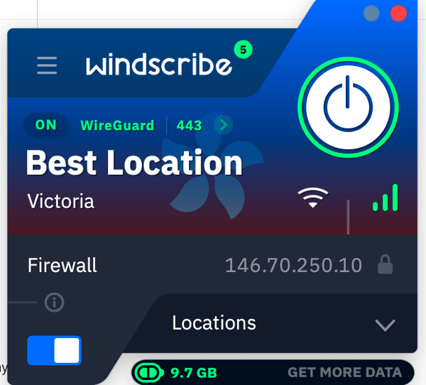 The user interface of the Windscribe MacOS app.