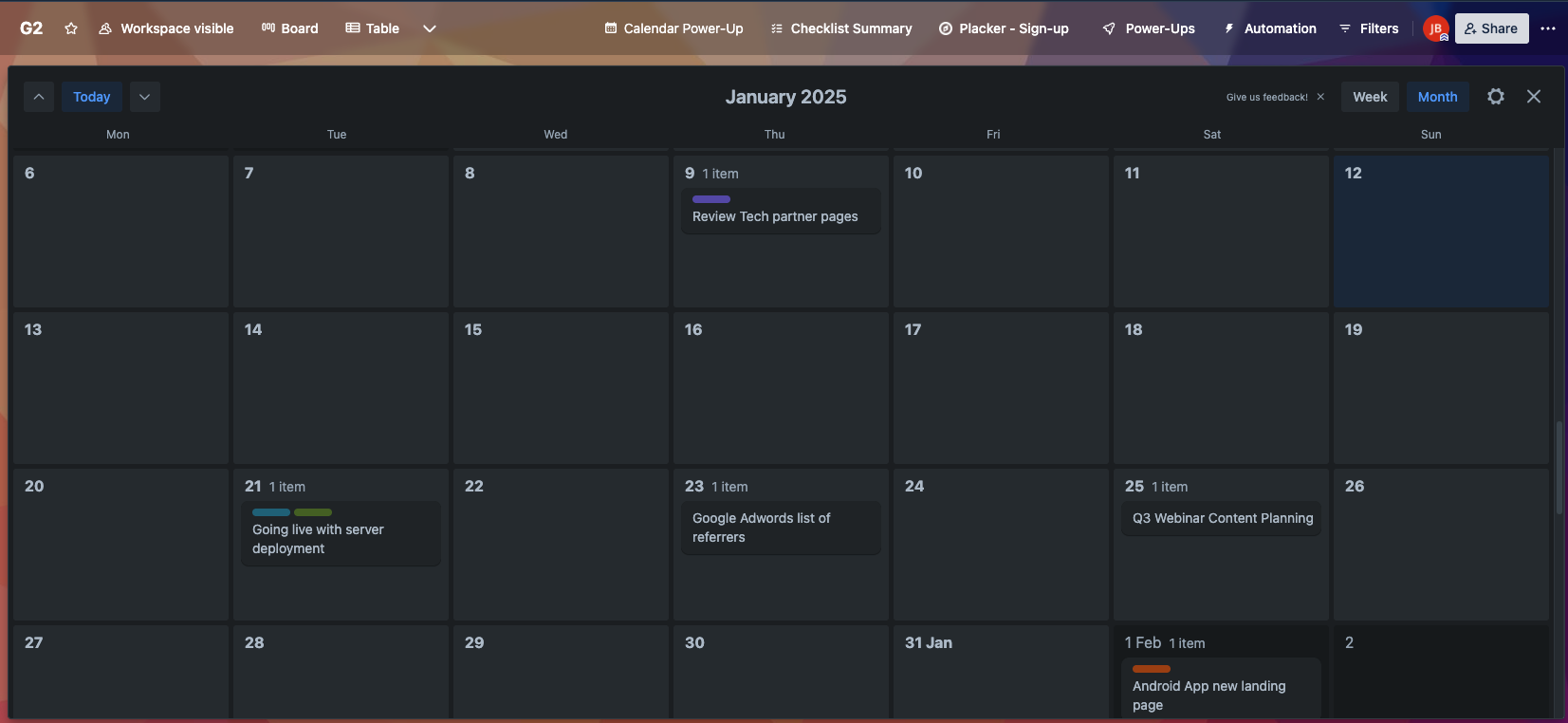 Trello Calendar Power-Up interface