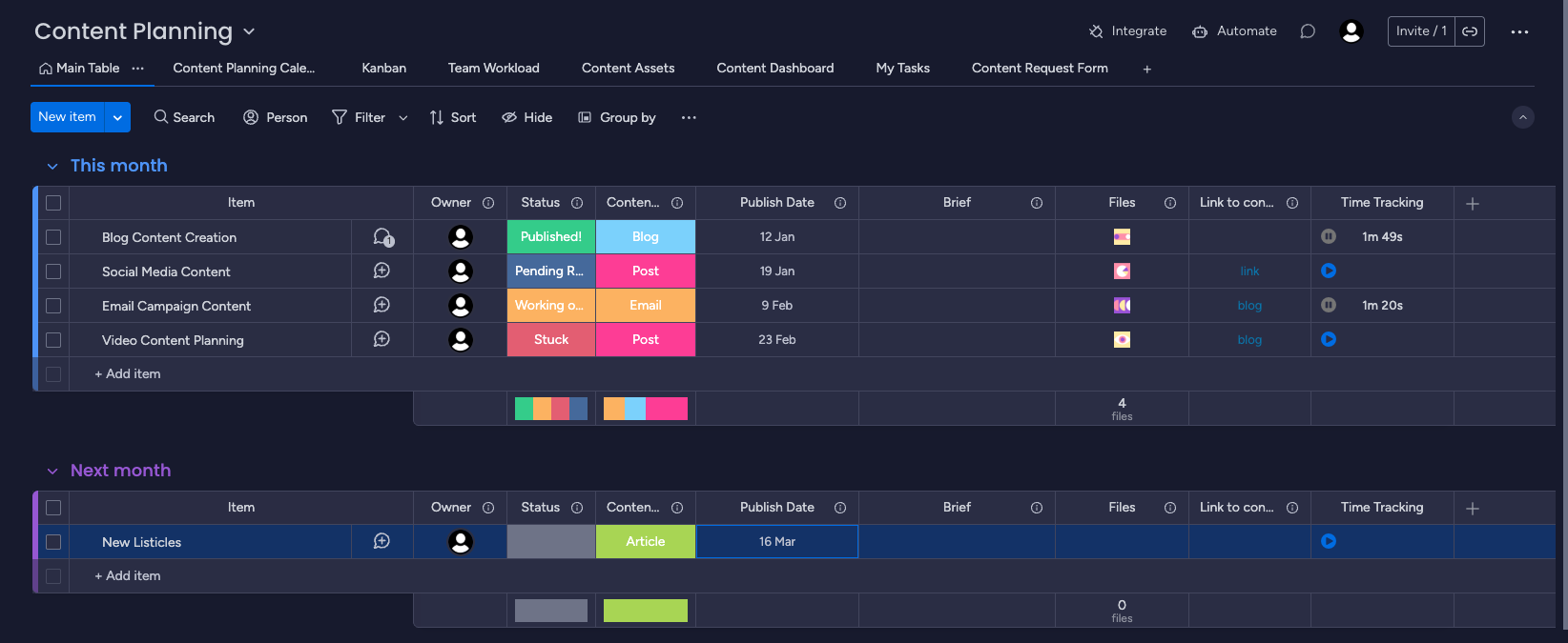 monday Work Management main table view displaying tasks, assignees, deadlines, and status columns