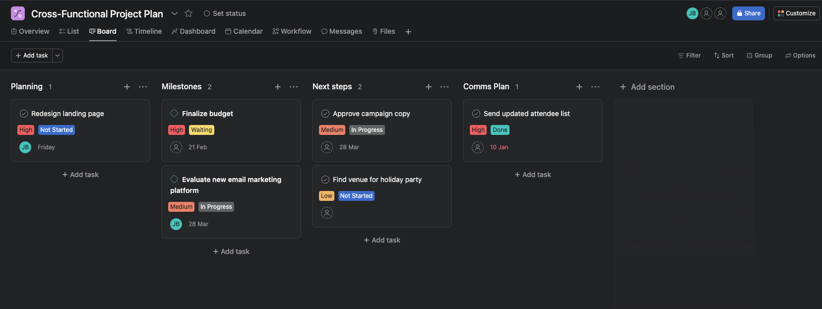 Asana board view with columns for tasks, priority, deadlines, and work progress