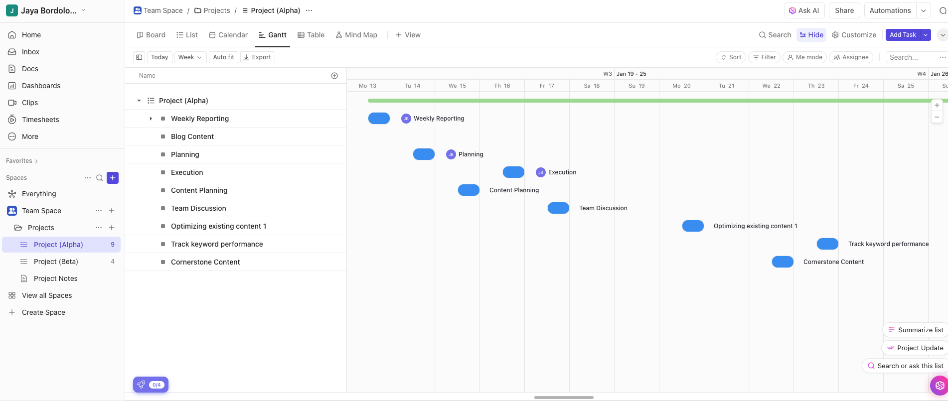 Gantt chart in ClickUp showing a visual project timeline and task dependencies