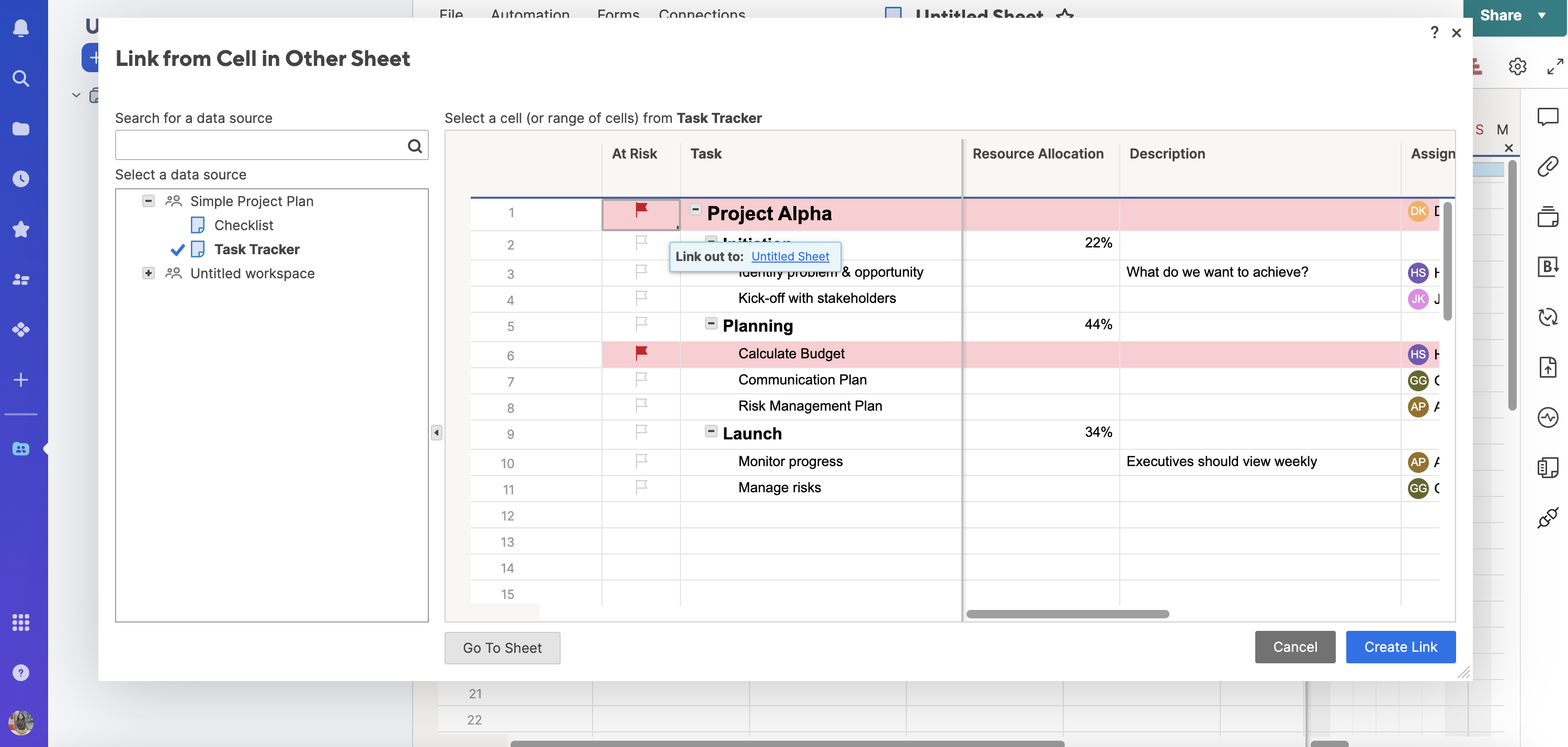 Smartsheet interface with cell linking feature