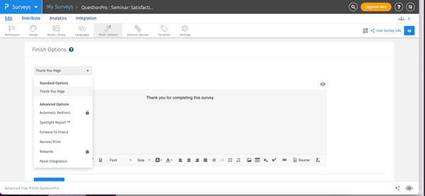 Options to customize thank you page on QuestionPro