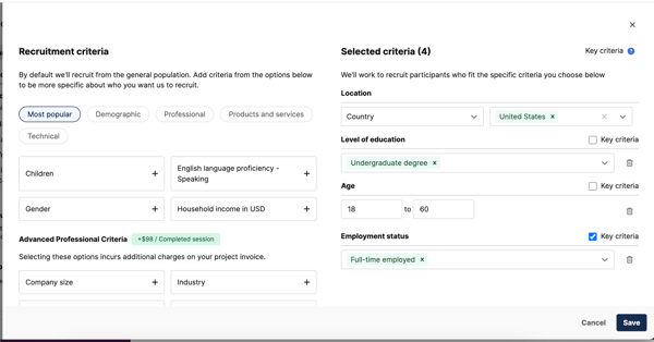 Setting up criteria for respondents on User Interviews