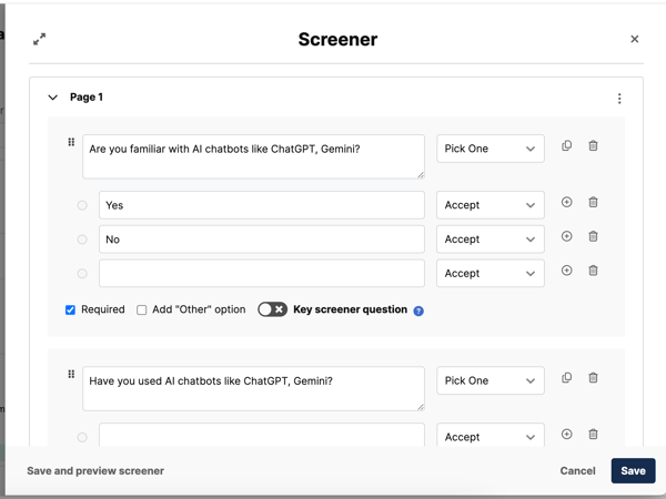 Adding a screener survey on User Interviews