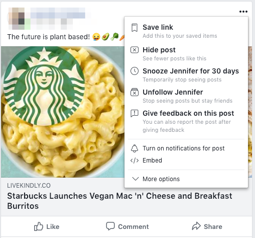 Settings on a Facebook Post