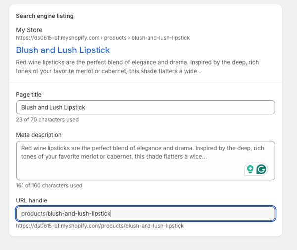 Shopify’s search engine optimization for a product