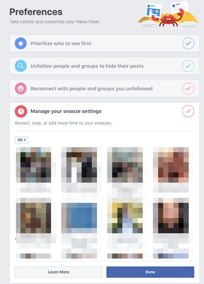 Snooze Settings on Facebook
