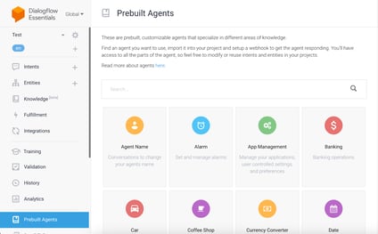 Templates of prebuilt agents on Dialogflow