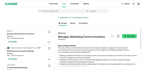 The user interface of GlassDoor with the Community, Jobs, Companies, and Salaries tab