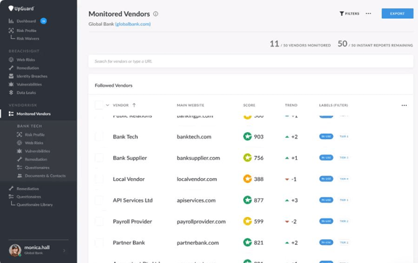 UpGuard monitored vendors interface