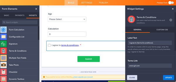 Useful widgets on Jotform ranging from calculators to checklists, signatures, photos, and terms and conditions that can be included in forms