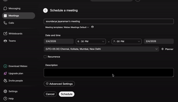 Webex additional settings for meeting setup
