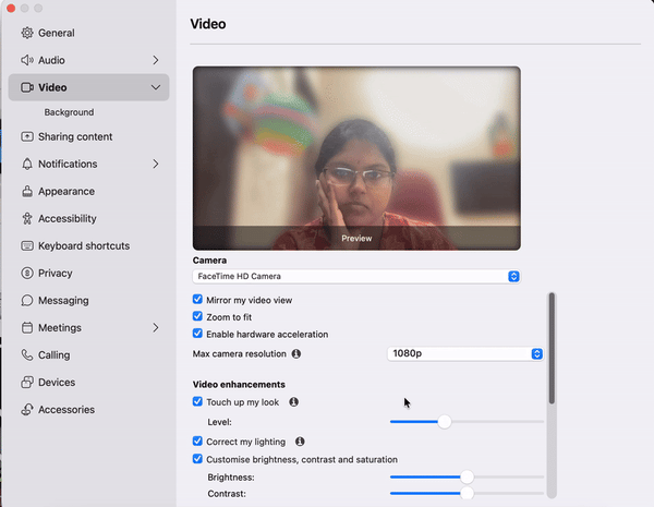Webex video and background settings
