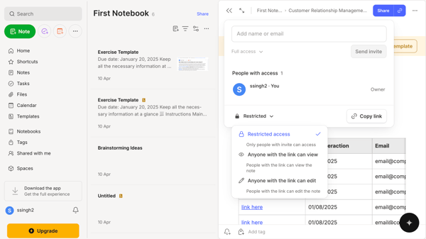 access based collaboration on evernote