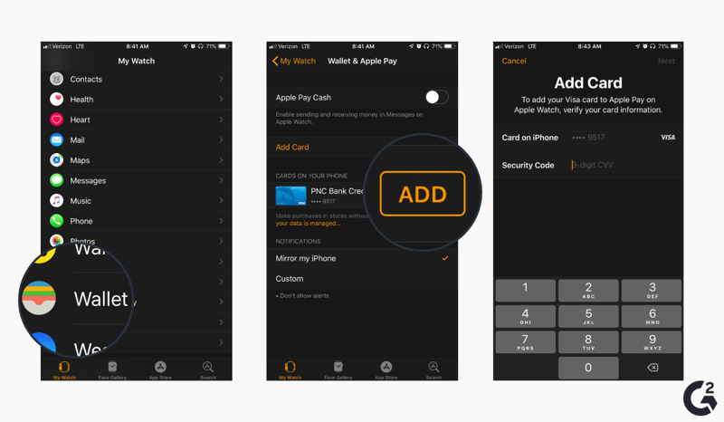Screenshots of how to add a card to Apple Watch