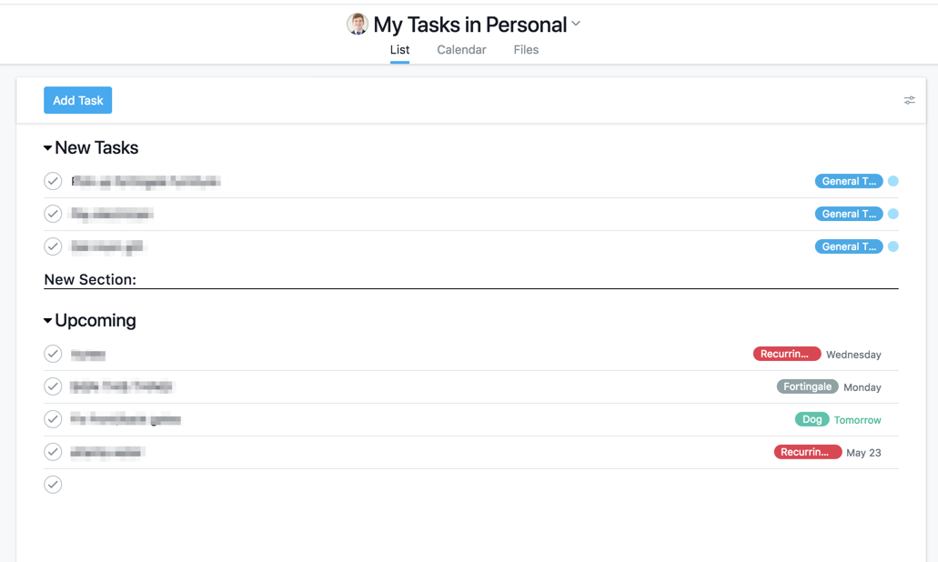 Asana personal task section with individual tasks and deadlines