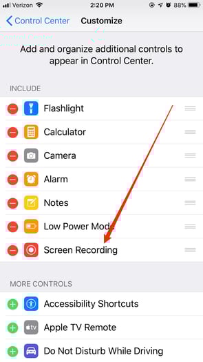Screen Recording in iPhone Settings