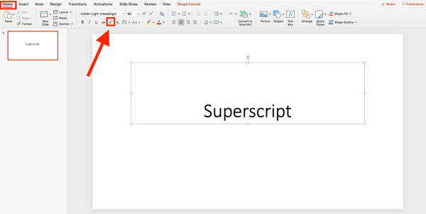 click on the superscript button