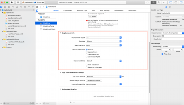 Deployment info in Xcode