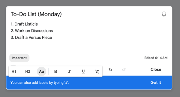 formatting options on keep