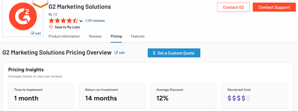 g2 marketing solutions product page on g2