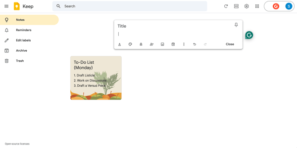 google keep home page