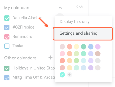 google calendar settings and sharing